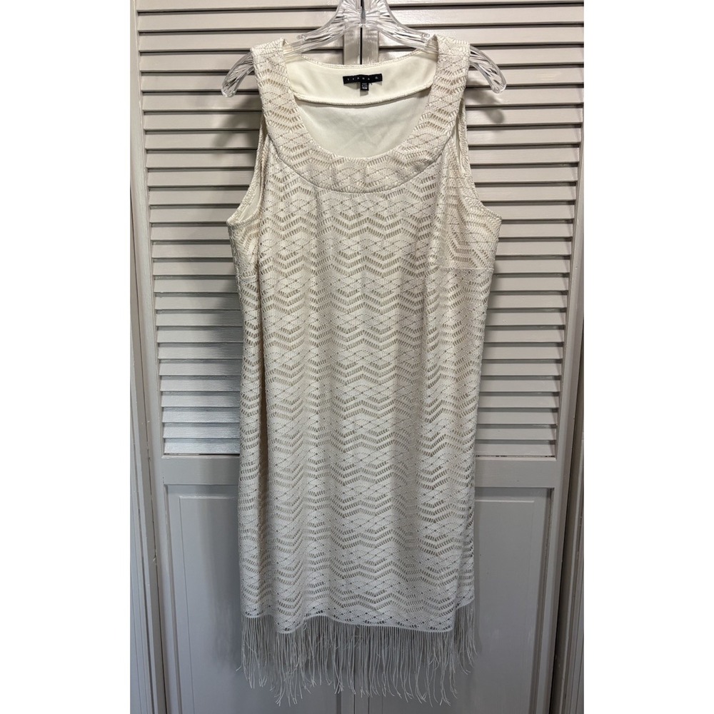 Tiana B. Cream/Silver Thread Crocheted Sleeveless Fringe Lined Slip Dress 16W